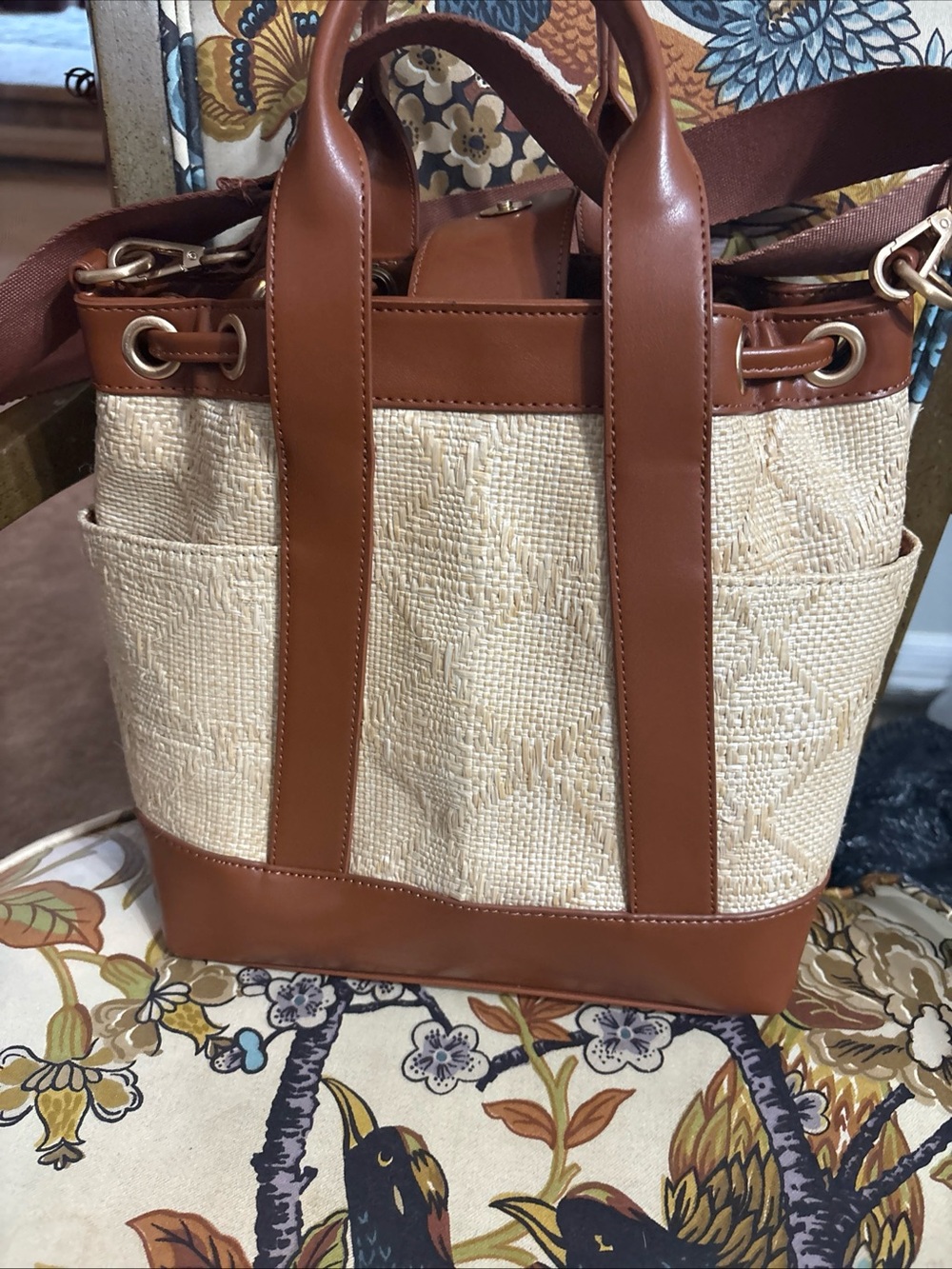 Woven Tan Trim Cream Woven Tote Bag - Women’s Shoulder Bag